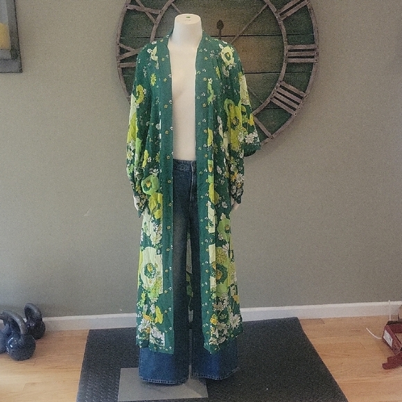 Free People Green Floral Maxi Kimono/Robe In Jungle Combo - Picture 2 of 15